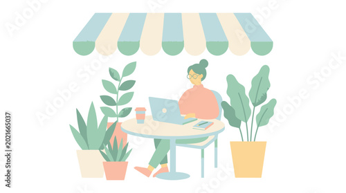 Woman working on a laptop at a table outdoors surrounded by plants under an awning