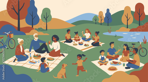 Joyful scene of diverse families and friends picnicking together in a lush park, celebrating community and outdoor leisure amidst nature's beauty