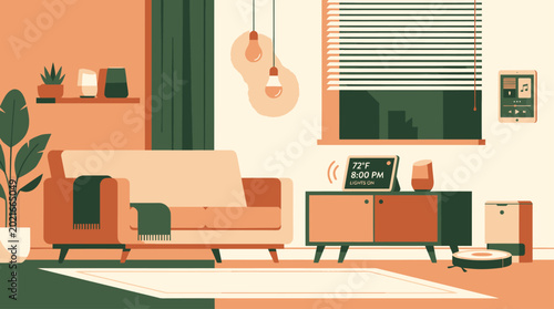 Smart home living room with an automated assistant, robotic vacuum, and connected devices, showcasing modern technology integration