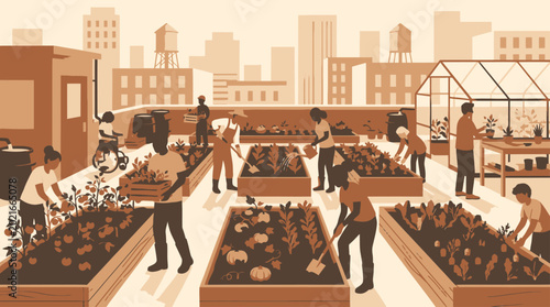 Diverse group of people tending to plants in urban rooftop gardens, promoting sustainability and community engagement amidst city skyline