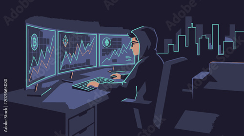 Cryptocurrency trading analyst working on multiple computer screens displaying financial charts and market data
