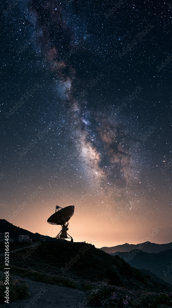 Fototapeta premium Stunning Milky Way and Night Sky Over Radio Telescope: Astronomy and Space Exploration in a Mountain Landscape