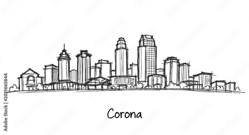 Obraz premium Minimalist cityscape sketch highlighting urban skyline during pandemic titled Corona with hand-drawn buildings in black lines on
