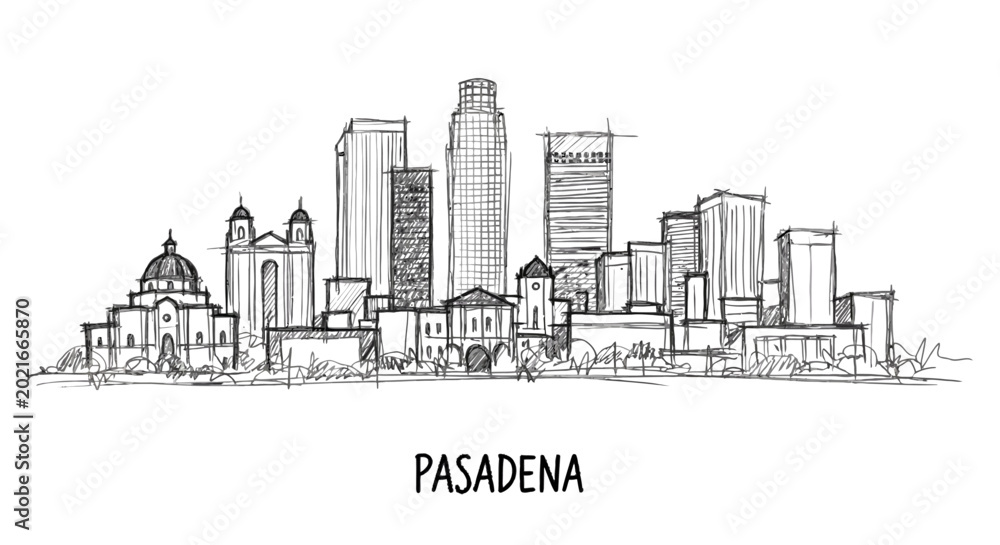Fototapeta premium Elegant black and white sketch of downtown Pasadena cityscape showcasing diverse architectural styles and urban skyline with
