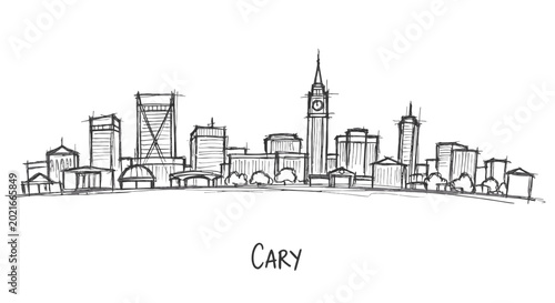 Minimalist Sketch of the Skyline of Carys Urban Area Featuring notable buildings and landmarks in a monochrome style