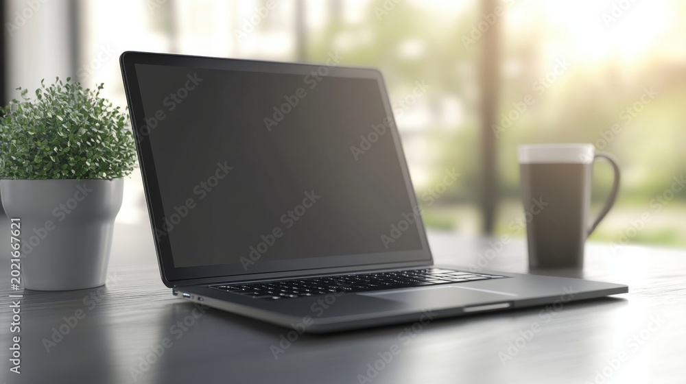 Fototapeta premium Modern Laptop on Desk Setup for Remote Work