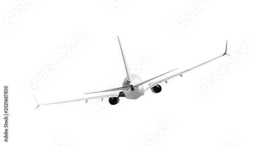 White airplane passenger jet Boeing 737 Max flying and banking to the left side rear view from behind angle isolated on a transparent background for commercial airline marketing material