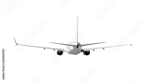 Boeing 737 Max passenger jet modern white airplane flying straight forward full rear view back angle isolated on a transparent background for aviation graphic design commercial transit and travel conc