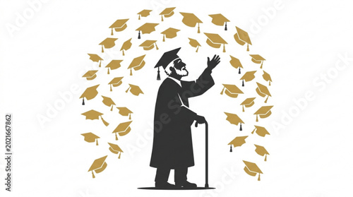 Elderly man in graduation cap and gown releasing falling graduation caps into the air with a cane