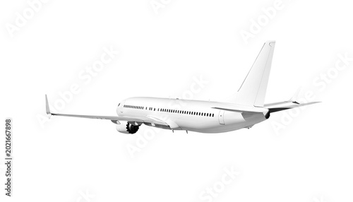 White Airplane Boeing 737 Max passenger jet trip transport flight from a rear side view flying away to the left isolated on a transparent background vector style highly detailed render digital travel