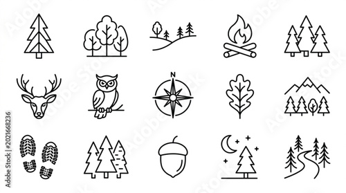 Minimalist forest icon collection with trees camping and wildlife symbols for outdoor and nature concepts