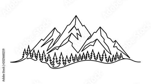 Mountain forest landscape with pine trees and rugged peaks in minimalist line art style