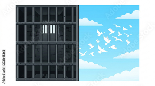 Prison bars split with freedom concept birds flying out to blue sky with clouds symbolizing hope and liberation