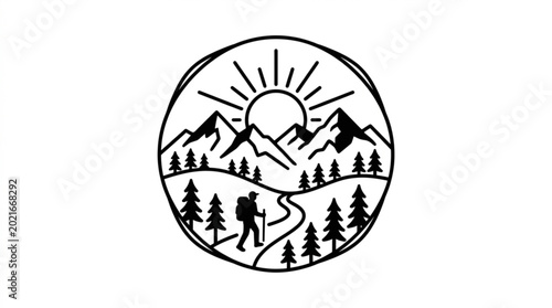 Hiker embarks on sunrise adventure through mountains and forest landscape