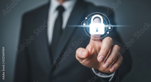Businessman interacts with glowing digital security padlock icon, representing cybersecurity and data protection in a modern technological environment.