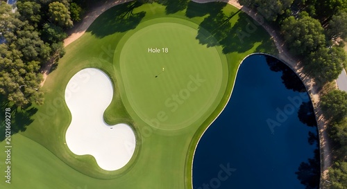 Aerial view of golf course green.