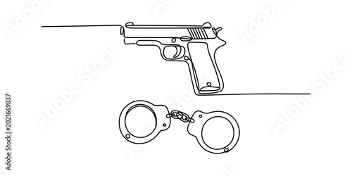 Bild auf Leinwand Line art illustration of a handgun and handcuffs on a white background