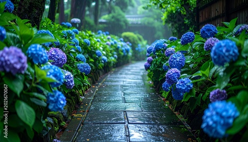 Rainy Season Hydrangea Path in Japan with Umbrella and Mist