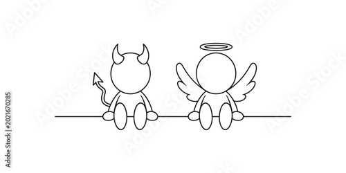 Schilderij op canvas Simple line drawing of a devil and an angel sitting side by side