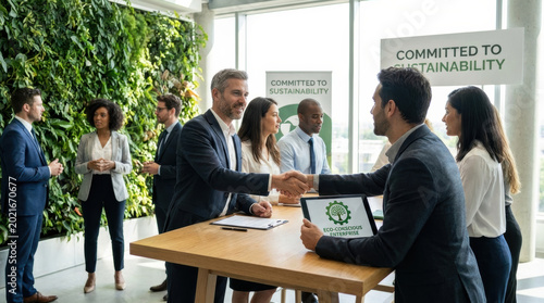 Eco conscious enterprise sustainable business corporate meeting green office diverse team handshake environmental responsibility modern workplace teamwork eco friendly