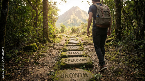 Personal growth journey self improvement path motivational stone trail man hiking forest inspirational nature walk mountain goal concept learn reflect overcome growth success mindset life progress