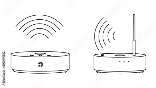 Wireless smart speaker line art with sound waves and antenna icon set
