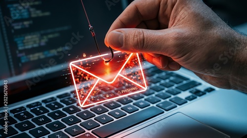 Cybersecurity phishing attack concept glowing envelope on fishing hook above laptop keyboard
