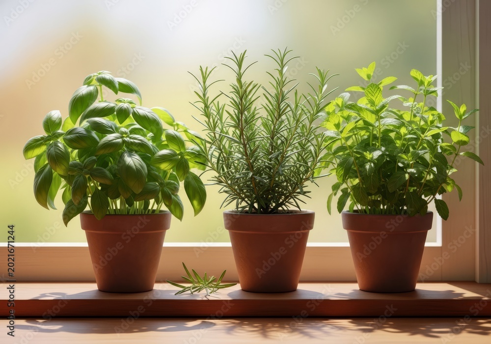 Fototapeta premium Lush green herb garden featuring vibrant basil, rosemary, and mint growing in rustic clay pots on a sunny wooden windowsill in soft light, soil, cooking, parsley