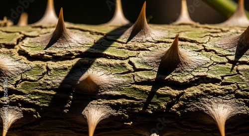 Close up macro shot of sharp thorns on a tree branch.