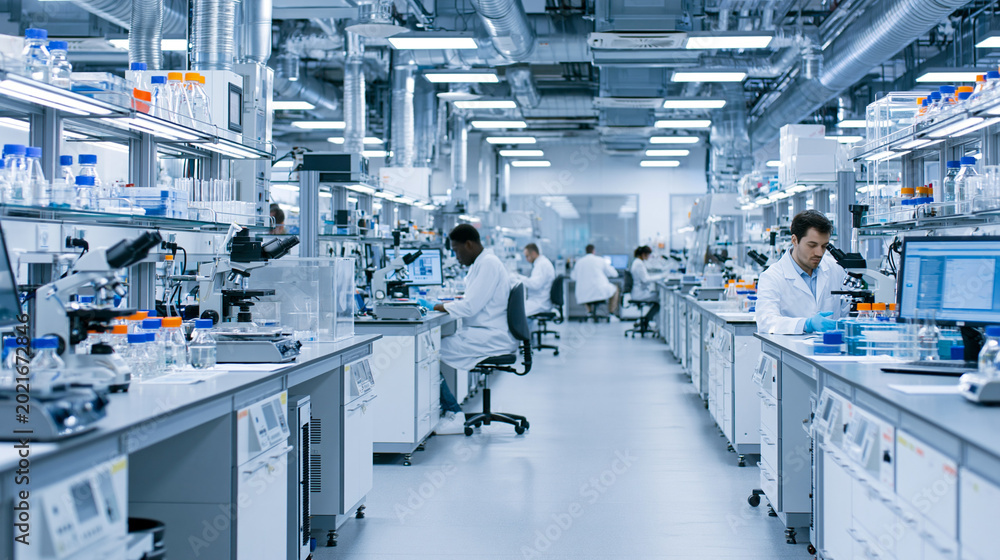Fototapeta premium Cutting-Edge Medical Research in Modern Laboratory: Scientists in White Coats Conduct Biotechnology and Molecular Biology Experimentation with Advanced Equipment and Microscopes