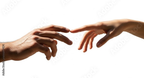 Two Human Hands Reaching Out to Touch Fingers Isolated Against a White Background