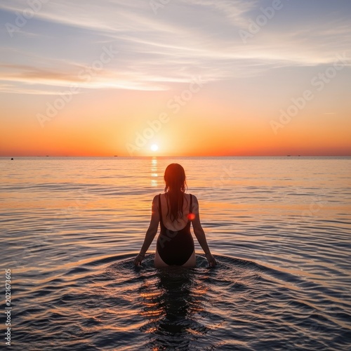 Woman enjoying a serene sunset over the ocean, with vibrant colors reflecting on the waters surface.