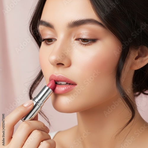 Woman Applying Lipstick, Beauty and Makeup Concept.