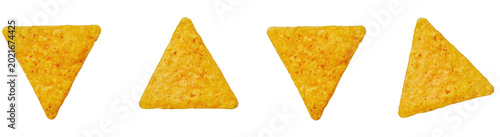 Four triangular tortilla chips on transparent background