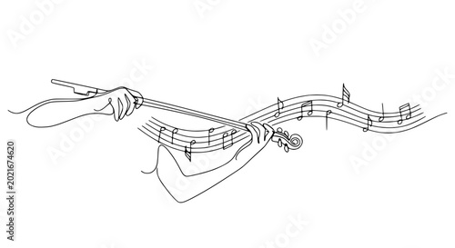 Foto Continuous Line Art Violinist Playing Music Notes, Elegant Single Line Drawing