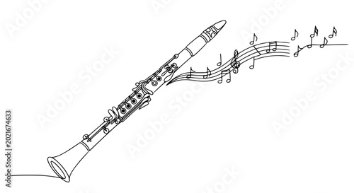 Canvastavla Continuous line drawing of a clarinet with musical notes flowing out, isolated o