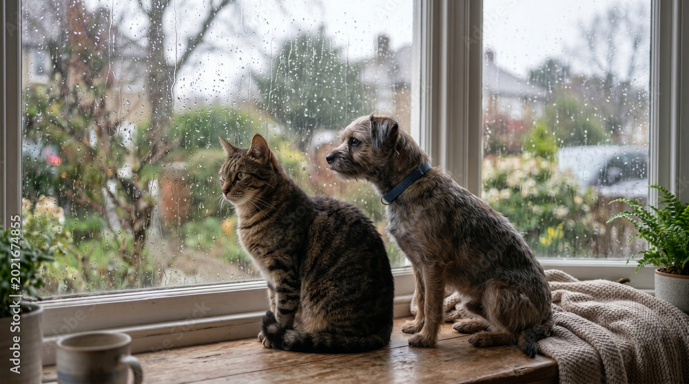 Obraz premium Cat and Small Dog Sitting by Rainy Window Watching Storm Outside in Cozy Home Interior