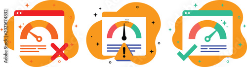 Cuadro en lienzo "Website Load Time Status Icons - Browser Speedometer with Fail Average and Pass