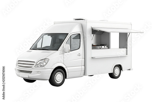 Food truck van mobile business mockup isolated on transparent PNG background, modern street food vehicle template for branding design