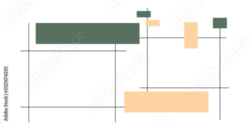 Εκτύπωση καμβά Abstract geometric composition featuring dark green and light orange rectangles with intersecting lines on a white background, showcasing a minimalist design