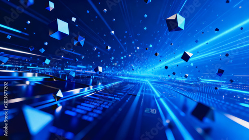 This 3D rendered futuristic tech tunnel features floating geometric cubes, glowing blue light rays and dynamic motion blur, creating a high-tech digital cyber environment.