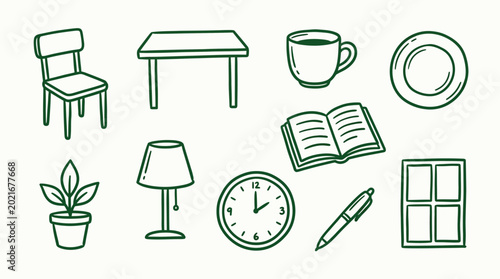 Set of hand-drawn line art icons depicting various household objects and furniture in a minimalist style.