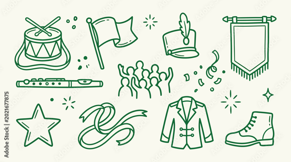 Fototapeta premium Outline vector icons representing a marching band with instruments, uniforms, and celebratory elements.