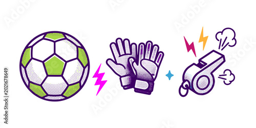 Soccer Equipment Icon Set Featuring Football Ball Goalkeeper Gloves and Referee Whistle in Modern Pop Art Illustration Style
