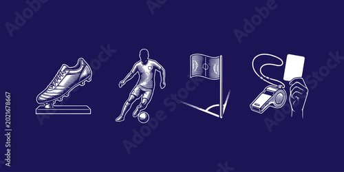 Fotografía Vintage Soccer Engraved Icon Set with Player Trophy Flag and Referee Whistle