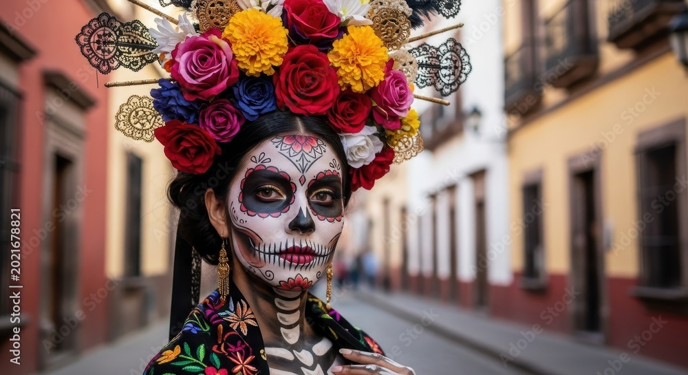 Naklejka premium Woman in Catrina Makeup with Floral Headpiece in San Miguel de Allende.