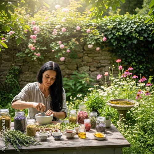 Woman in garden preparing herbs for natural remedies and wellness.