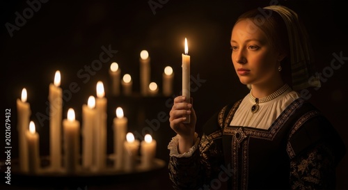 Woman in historical attire holding a candle in a dimly lit room.