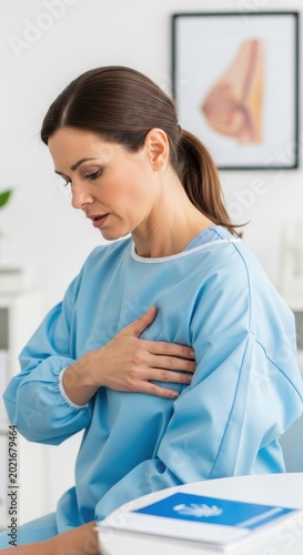 Woman in hospital gown experiencing breast pain, concerned about her health.