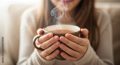 Woman holding a steaming mug of hot tea, enjoying a warm beverage on a cozy day.